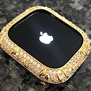 Apple Watch bezel case with rosebud design in Yellow gold with lab diamonds